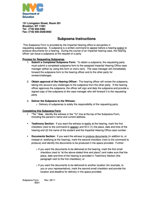 B-301 - Subpoena (Department Of Education, The City Of New York) Printable pdf