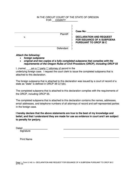 Declaration And Request For Issuance Of A Subpoena Pursuant To Orcp 38 C Printable pdf