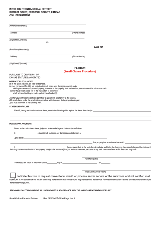 Form Ps-3936 - Petition (Small Claims Procedure) Printable pdf