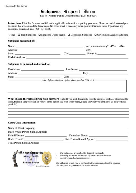 Fillable Subpoena Request Form Printable pdf