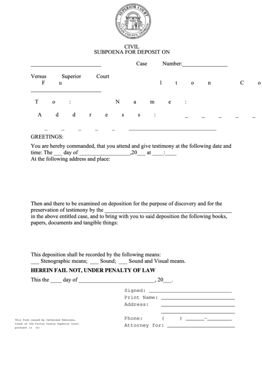 Fillable Civil Subpoena For Deposit,on Printable pdf