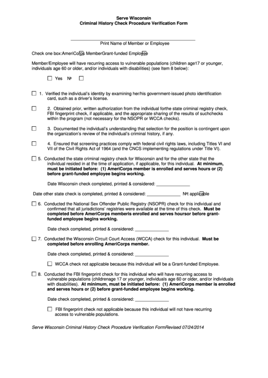 Criminal History Check Procedure Verification Form Printable pdf