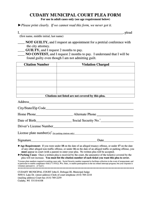 Cudahy Municipal Court Plea Form Printable pdf