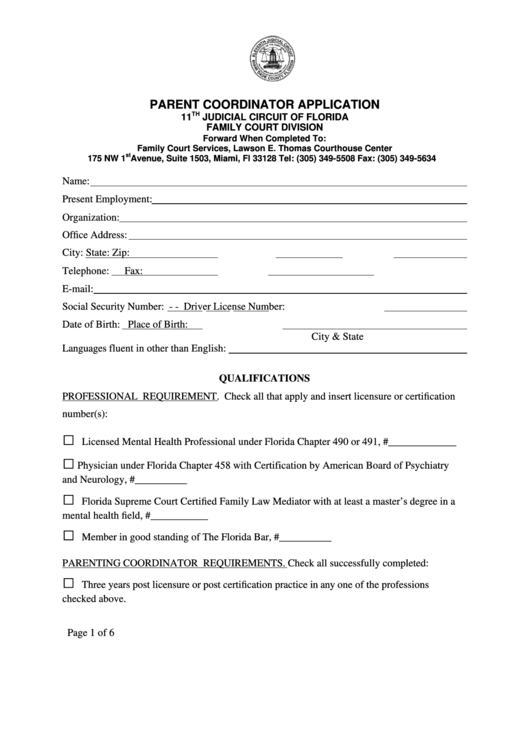 Fillable Parent Coordinator Application Form Printable pdf