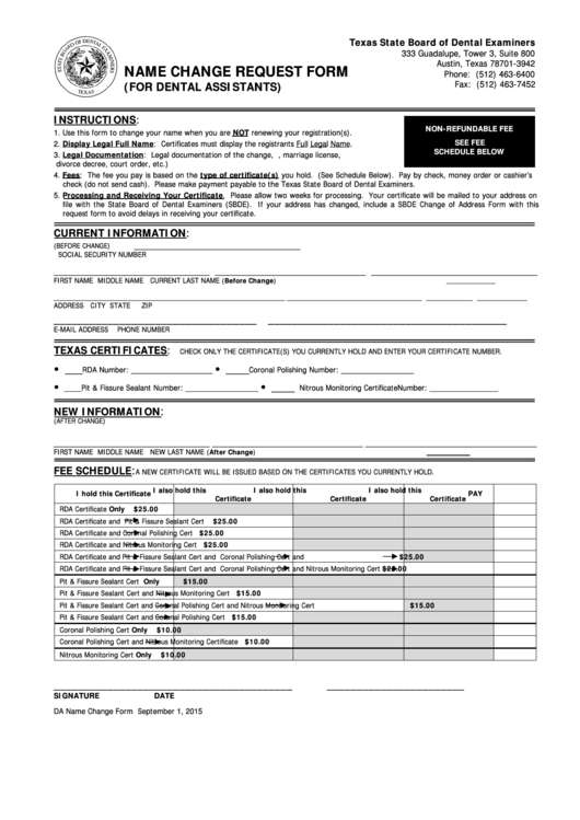 Name Change Request Form (For Dental Assistants) Printable pdf