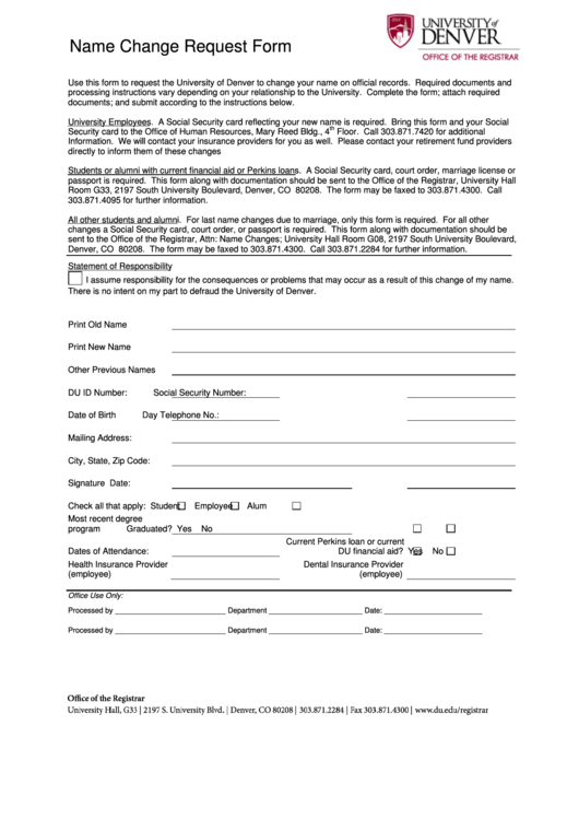 Fillable University Of Denver Name Change Request Form Printable pdf