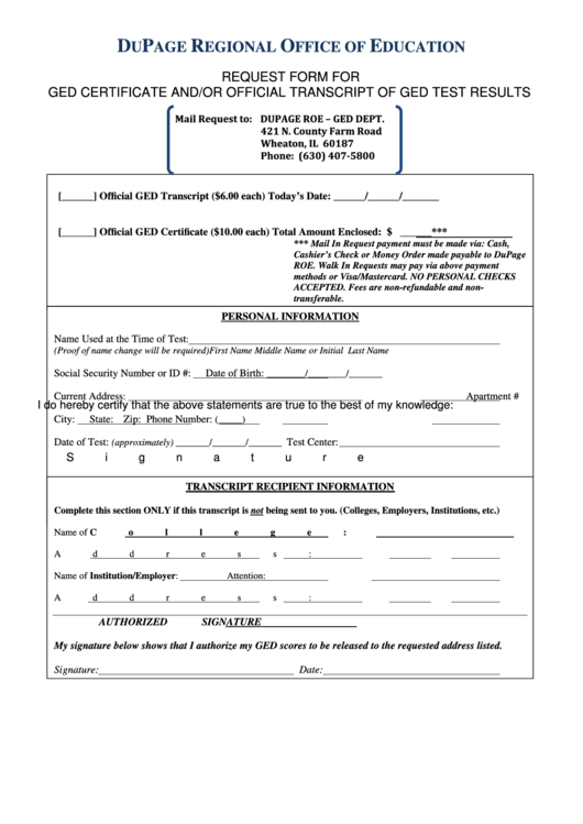 Request Form For Ged Certificate And/or Official Transcript Of Ged Test Results Printable pdf