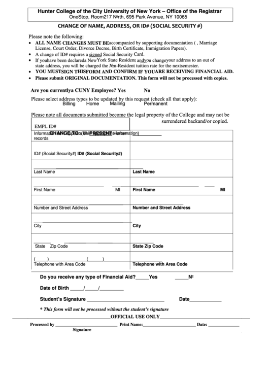 Fillable Change Of Name, Address, Or Id (Social Security) Form Printable pdf