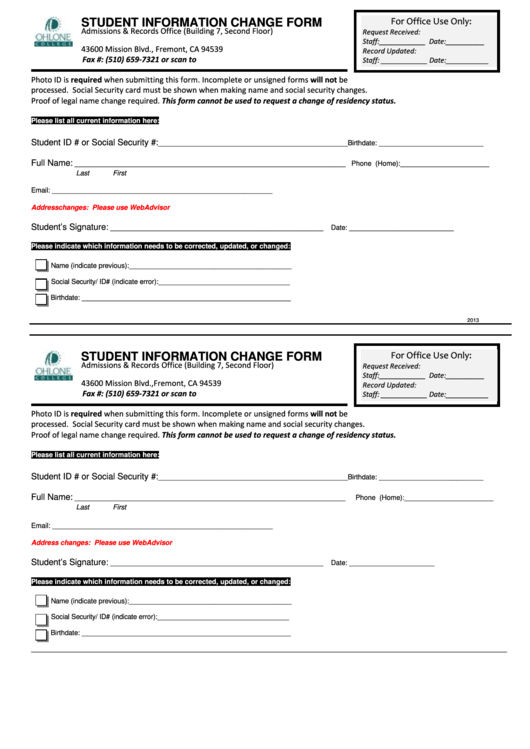 Ohlone College Student Information Change Form Printable pdf