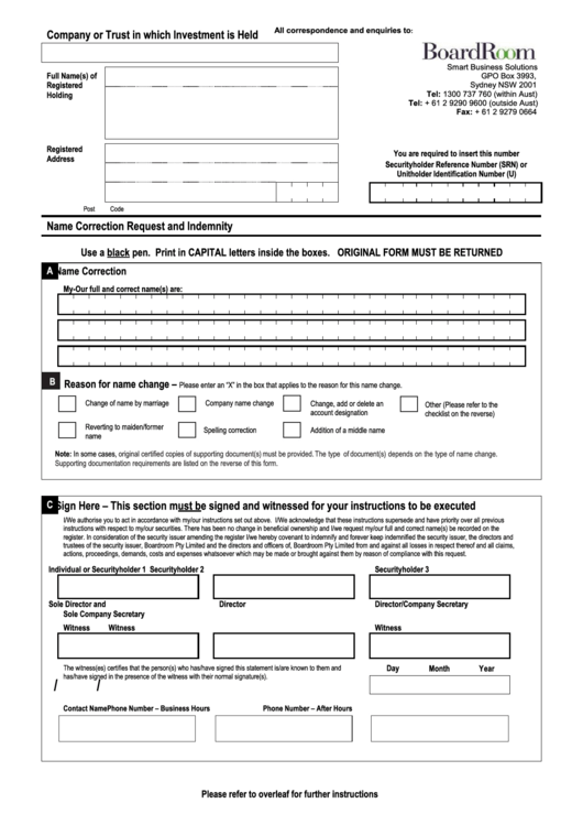 Fillable Name Correction Request And Indemnity Template Printable pdf