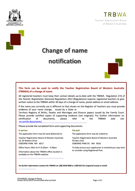 Change Of Name Notification Printable pdf