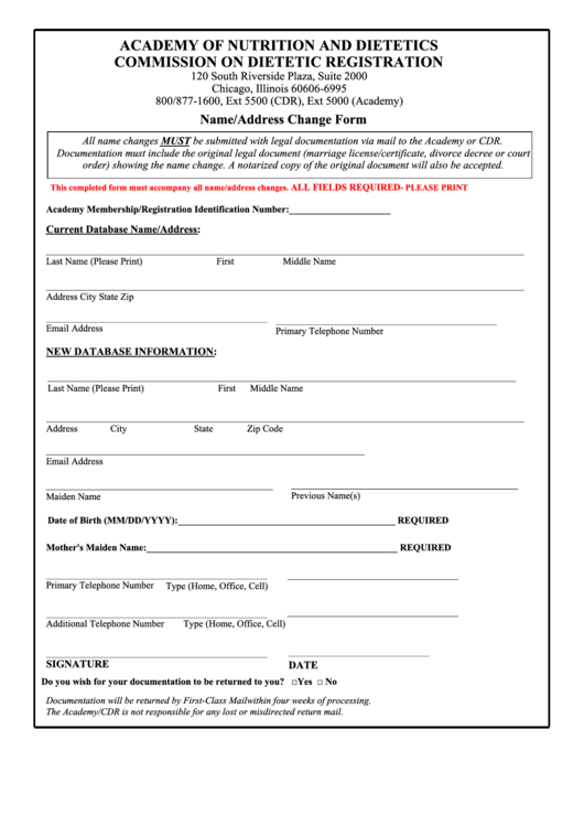 Fillable Academy Of Nutrition And Dietetics Commission On Dietetic Registration Name/address Change Form Printable pdf