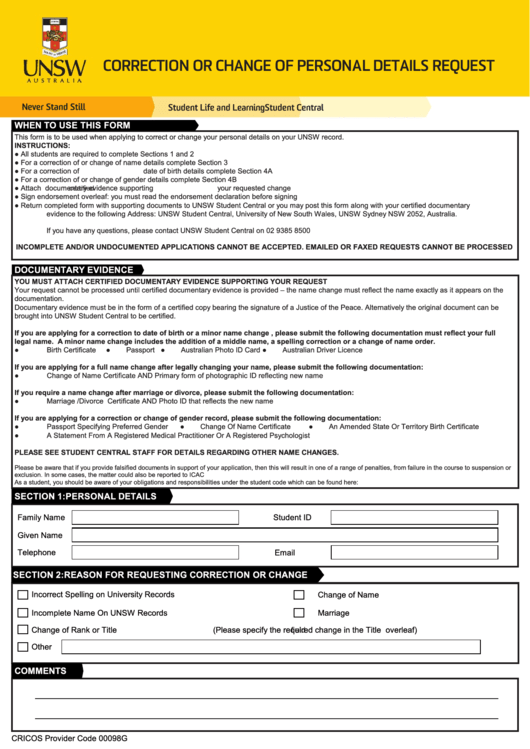 Unsw Correction Or Change Of Personal Details Request Printable pdf
