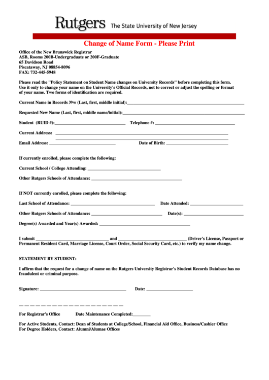 Rutgers Change Of Name Form Printable pdf