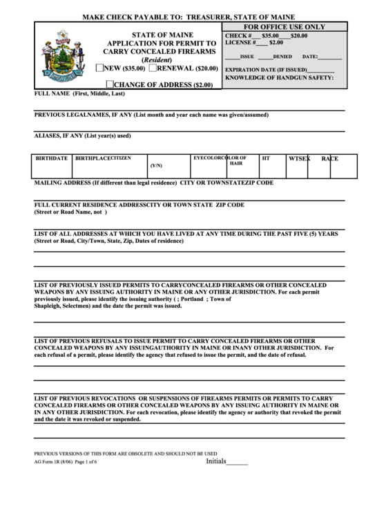 Ag Form 1r - State Of Maine Application For Permit To Carry Concealed Firearms Printable pdf