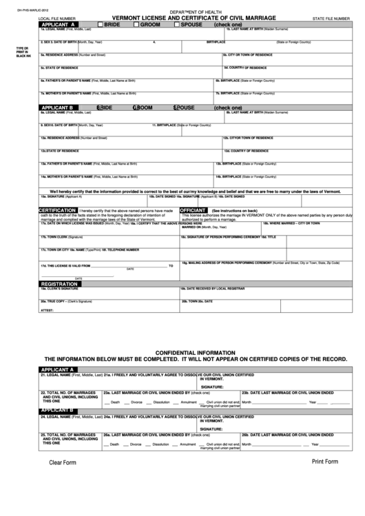 Fillable Form Dh-Phs-Marlic-2012 - Vermont License And Certificate Of Civil Marriage Template Printable pdf