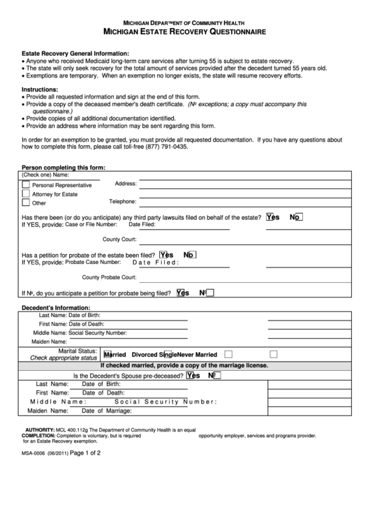 Michigan Estate Recovery Questionnaire Printable pdf