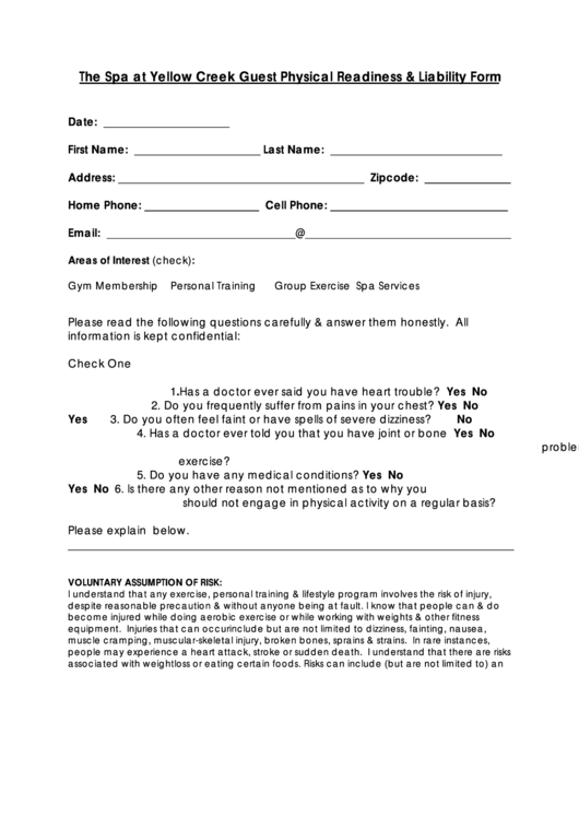 Fillable The Spa At Yellow Creek Guest Physical Readiness & Liability Form Printable pdf