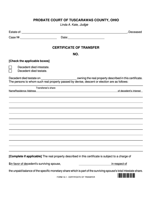 Fillable Certificate Of Transfer Printable pdf