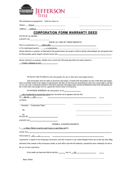 Corporation Form Warranty Deed Printable pdf