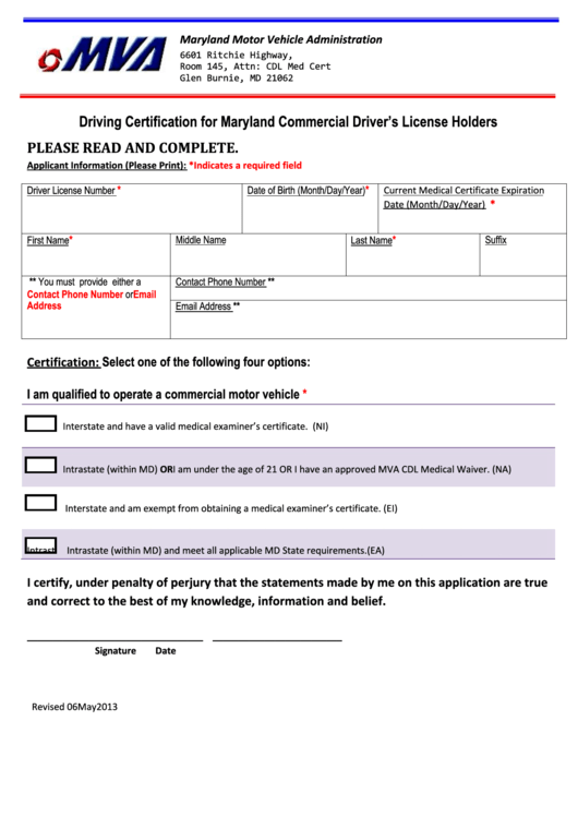 Driving Certification Maryland Motor Vehicle Administration Form (Color) Printable pdf