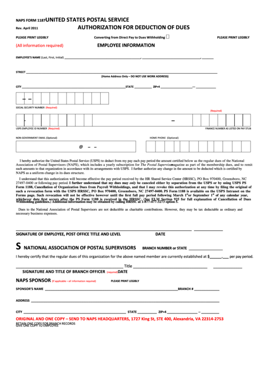 Fillable Naps Form Authorization For Deduction Of Dues Printable pdf