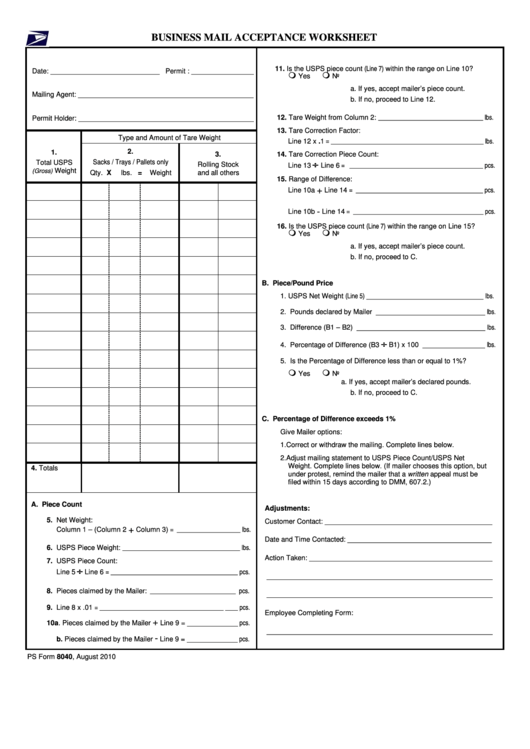 Business Mail Acceptance Worksheet Printable pdf