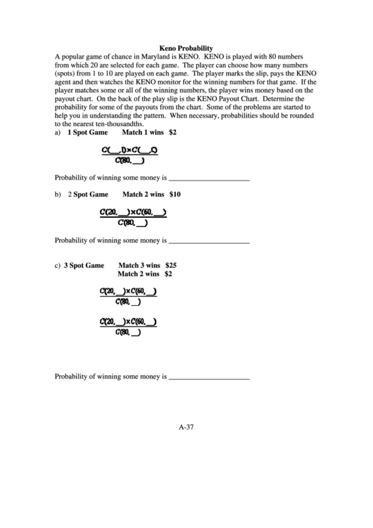 Keno Probability Worksheet Printable pdf