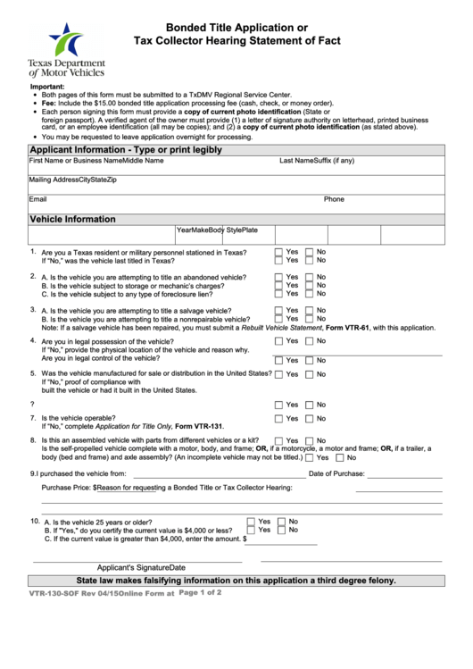 Fillable Form Vtr-130-Sof - Bonded Title Application Or Tax Collector Statement Printable pdf
