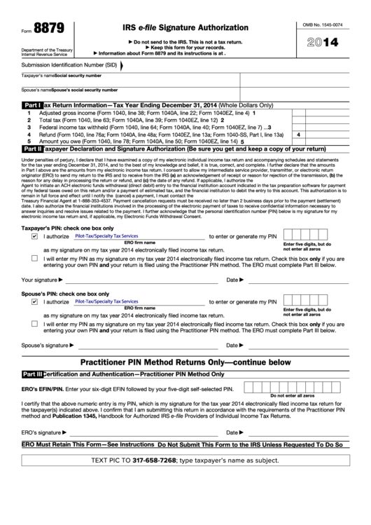 Fillable Form 8879 - Irs E-File Signature Authorization - 2014 Printable pdf