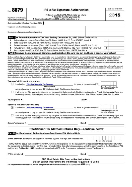 Fillable Form 8879 - Irs E-File Signature Authorization - 2015 Printable pdf