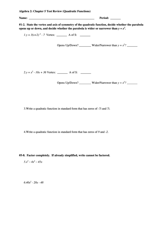 Quadratic Functions Worksheet Printable pdf