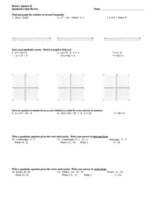 Algebra Ii Quadratics Quiz Review Sheet Printable pdf