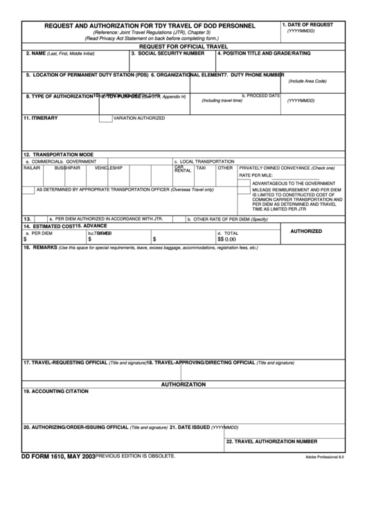Fillable Dd Form 1610, 2003, Request And Authorization For Tdy Travel ...
