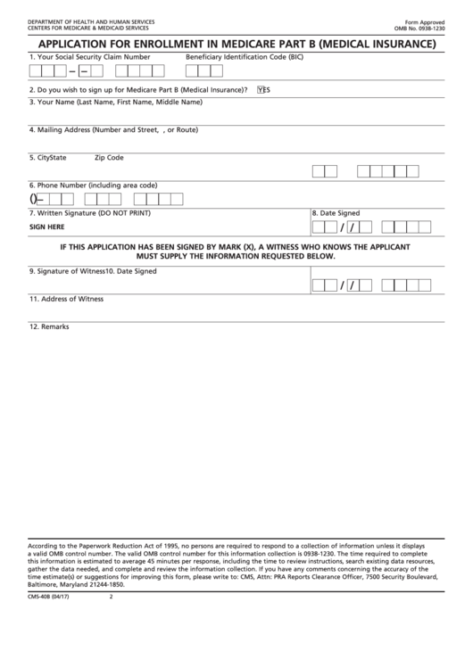 Fillable Form Cms-40b - Application For Enrollment In Medicare Part B (Medical Insurance) Printable pdf