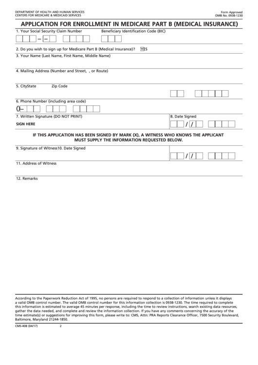 Fillable Form Cms40b Application For Enrollment In Medicare Part B