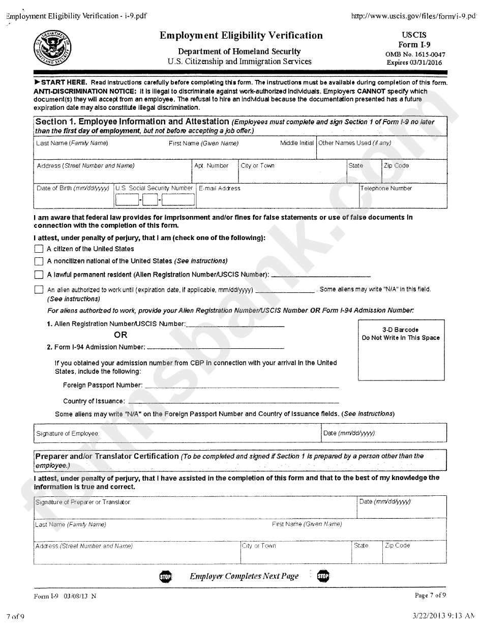 Employment Eligibility Verification Uscis printable pdf download
