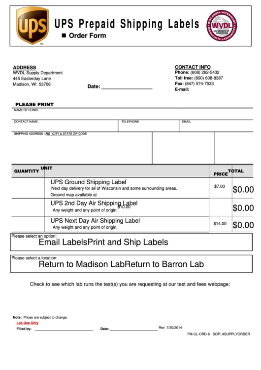 Fillable Ups Prepaid Shipping Labels - Order Form Printable pdf