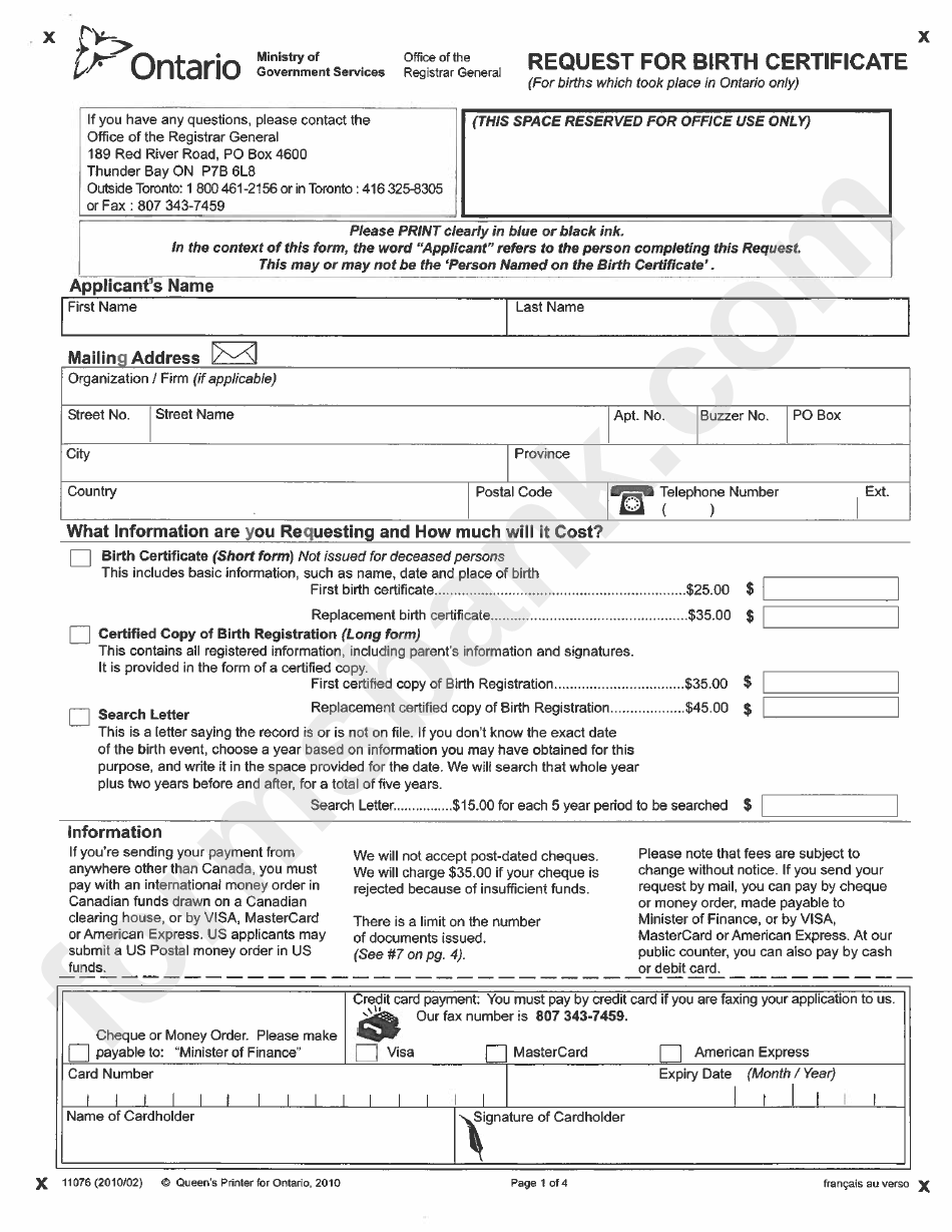Form 11076 - Request For Birth Certificate - Ontario, Canada