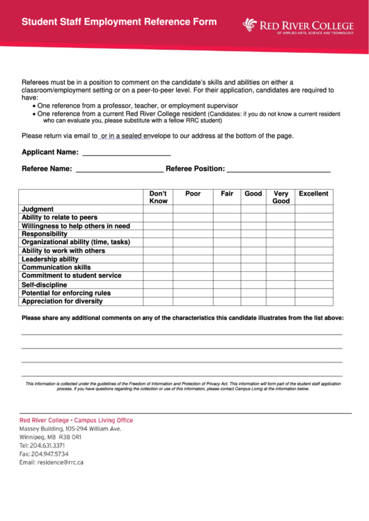 Sample Student Staff Employment Reference Form