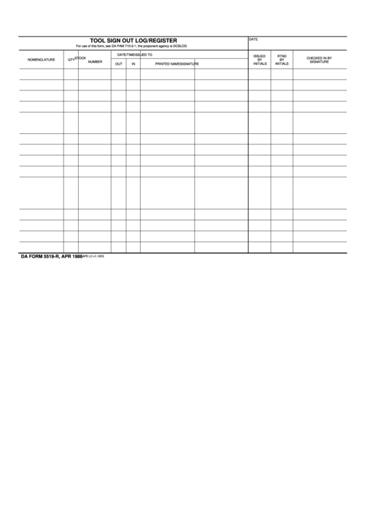 Fillable Da Form 5519-R - Tool Sign Out Log/register Printable pdf