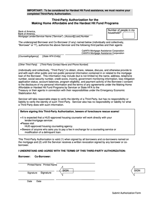 Fillable Third Party Authorization Form For The Making Home Affordable Printable Pdf Download 9730