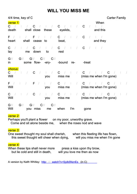 Will You Miss Me - Carter Family - Chord Chart Key Of C Printable pdf