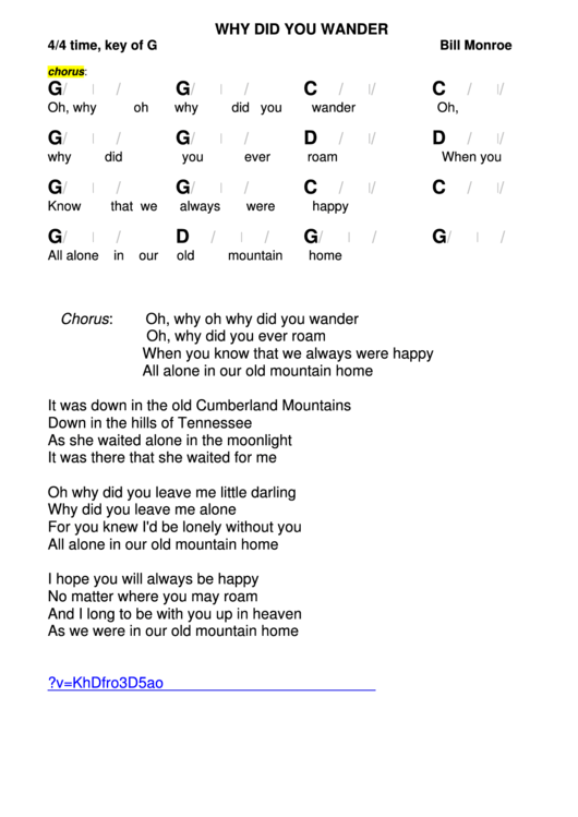 Why Did You Wander - Bill Monroe - Key Of G Chord Chart Printable pdf