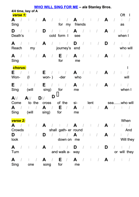 Who Will Sing For Me - Stanley Bros - Key Of A Chord Chart Printable pdf
