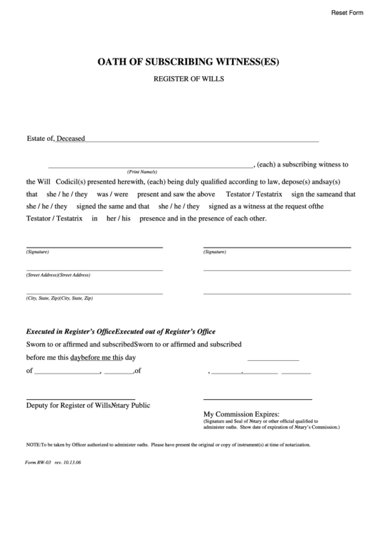 Fillable Oath Of Subscribing Witness(Es) Register Of Wills Printable pdf