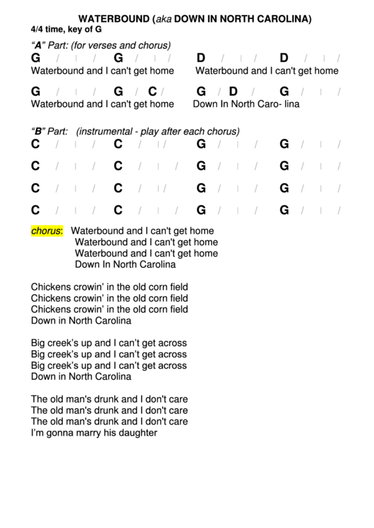 Waterbound - Key Of G Chord Chart Printable pdf