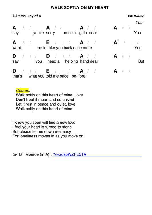 Walk Softly On My Heart - Bill Monroe - Key Of A Chord Chart Printable pdf