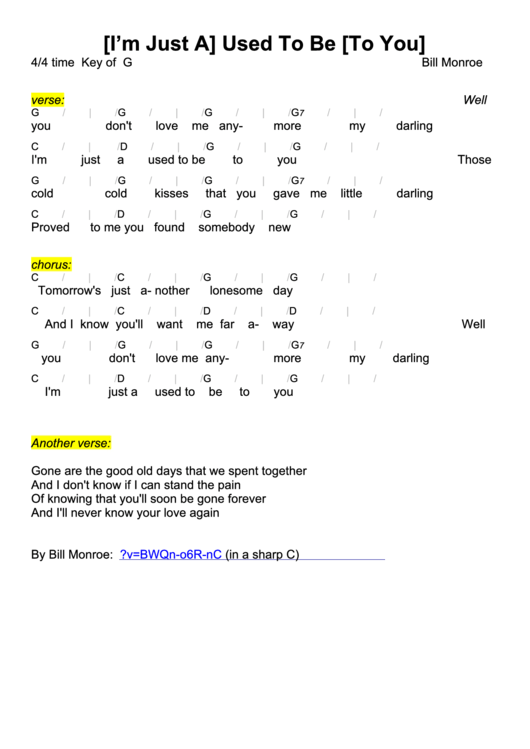 Used To Be - Bill Monroe - Key Of G Chord Chart Printable pdf