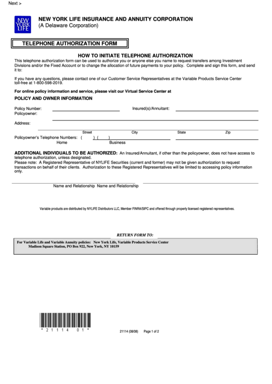 Fillable Telephone Authorization Form - New York Life Printable pdf
